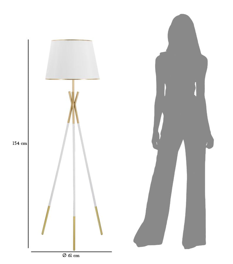 Stehlampe aus Metall mit 3 Beinen in Gold und Weiß