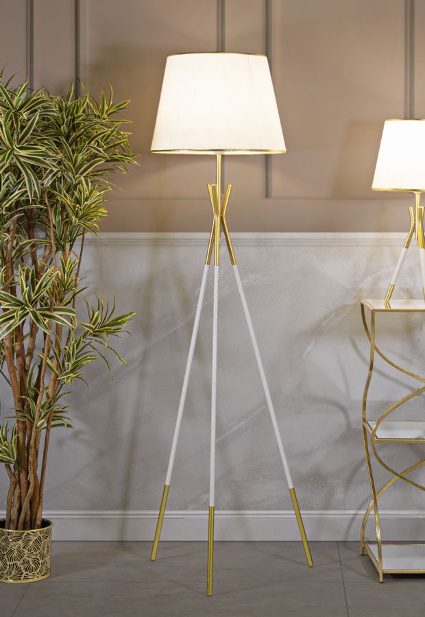 Stehlampe aus Metall mit 3 Beinen in Gold und Weiß