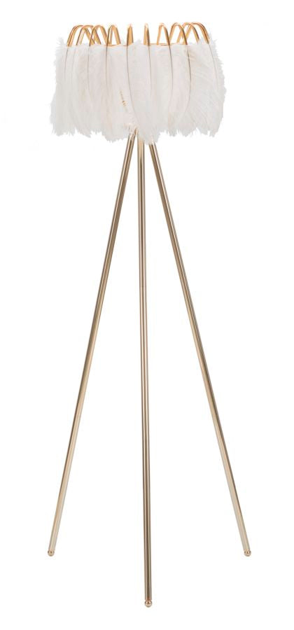 Stehlampe mit 3 Beinen in Gold und Weiß mit Federn