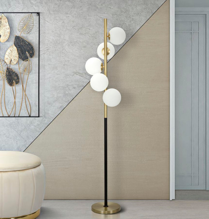 Stehlampe aus schwarzem und goldenem Metall mit 5 Glühbirnen