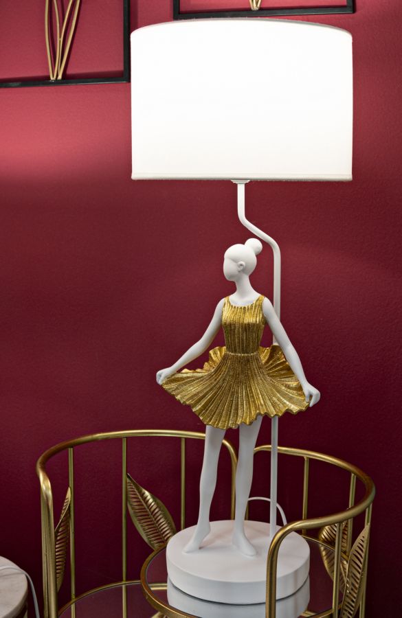 Gold Taenzer Skulptur Tischlampe Stoffschirm Elegantes Design
