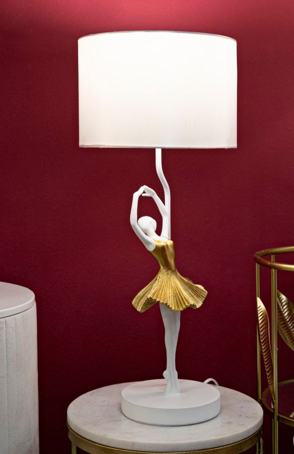 Gold Taenzer Skulptur Tischlampe Stoffschirm Zeitgenoessisch