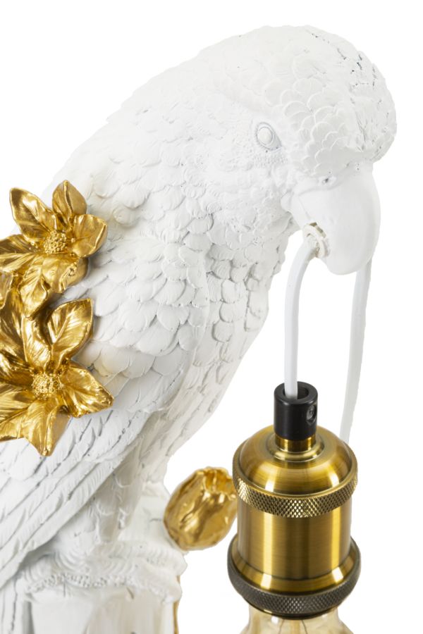 Gold Papagei Skulptur Tischlampe Stoffschirm Exotisches Design
