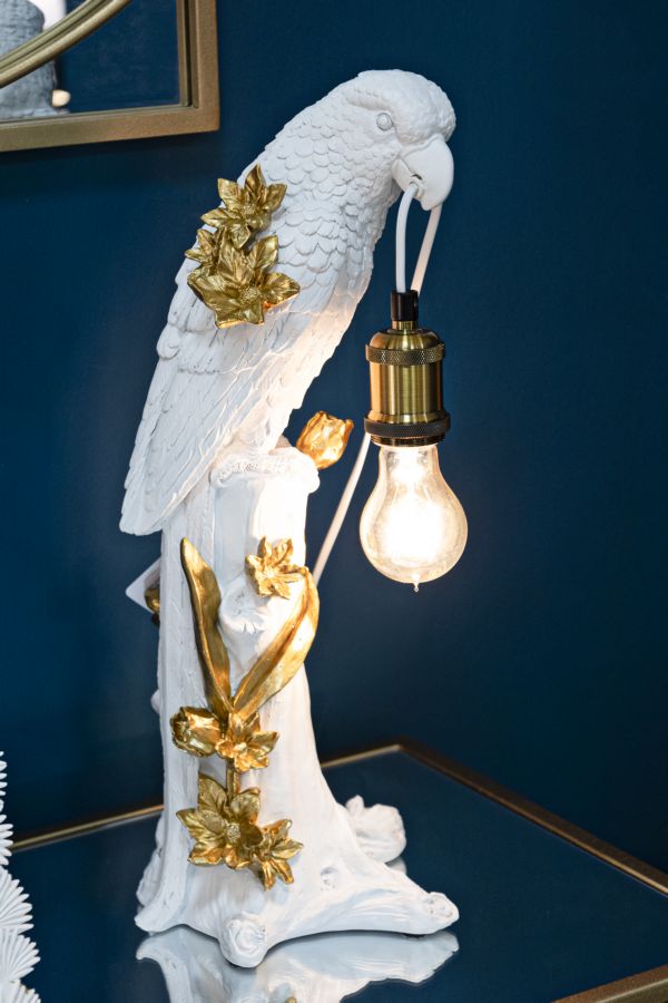 Gold Papagei Skulptur Tischlampe Stoffschirm Exotisches Design