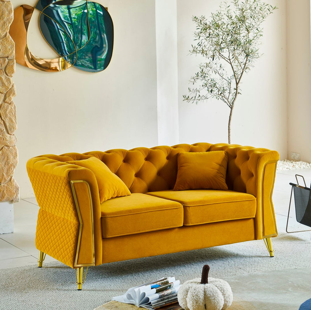 Senfgelb Samt Sofa Mit Kissen Emy 2 Sitzer