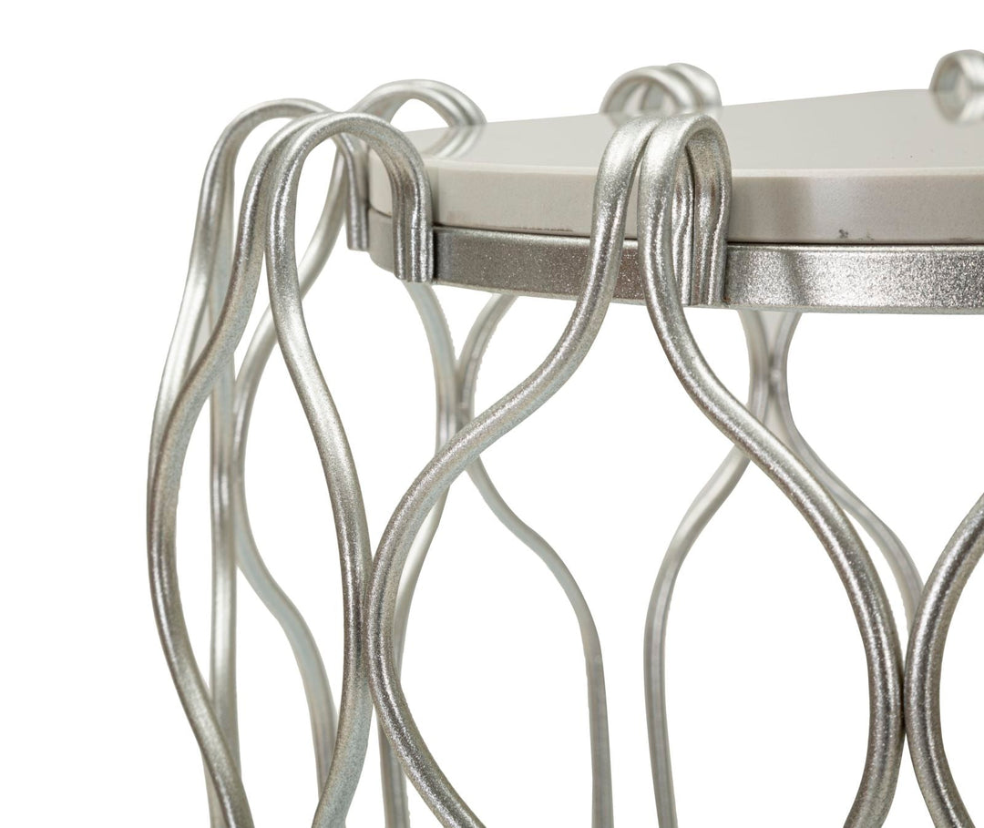 Runder Kunstmarmor Beistelltisch Geflochtener Metallrahmen Hook Akzent