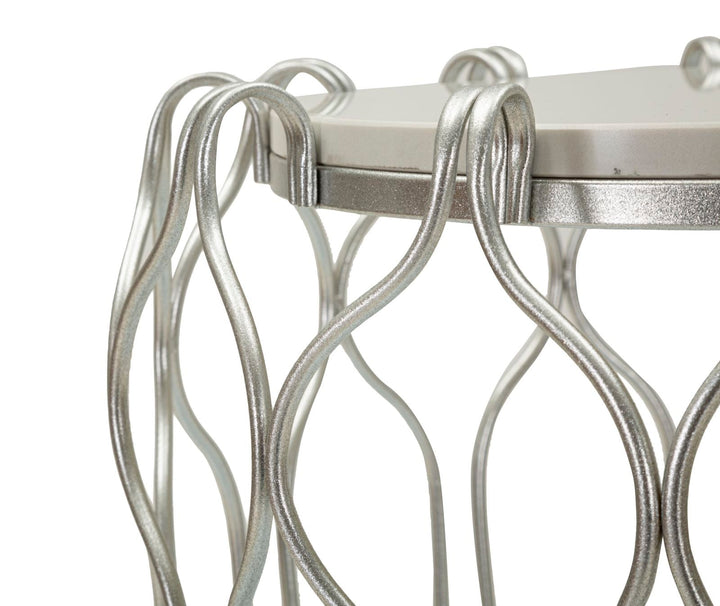 Runder Kunstmarmor Beistelltisch Geflochtener Metallrahmen Hook Akzent