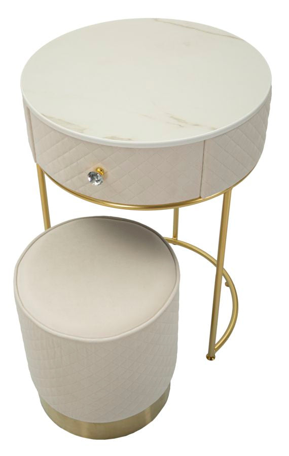 Creme Nachttisch Mit Passendem Pouf Velit Schminktisch (Marmorplatte)