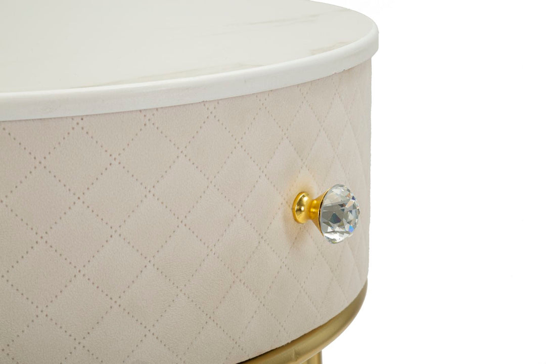 Creme Nachttisch Mit Passendem Pouf Velit Schminktisch (Marmorplatte)