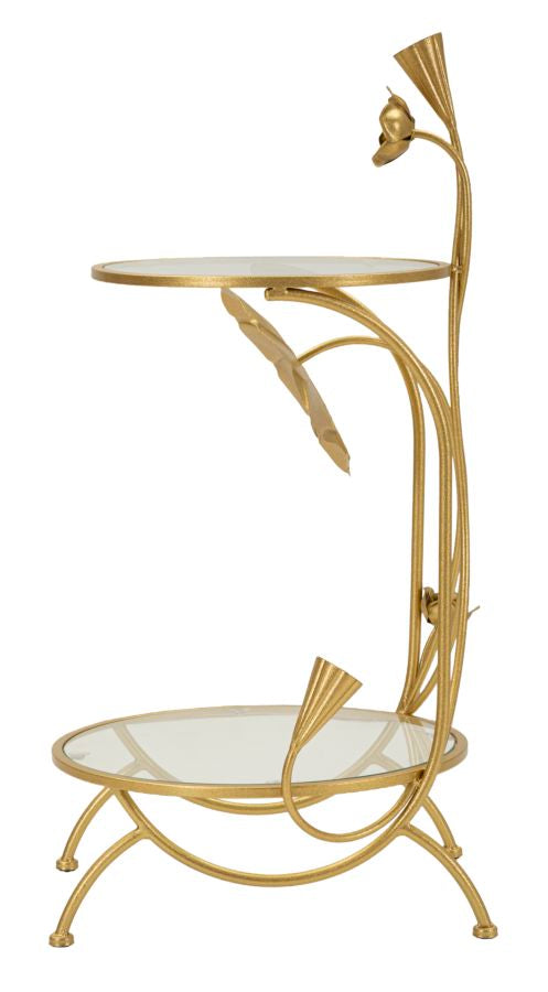 Gold Metall Beistelltisch 2 Ablagen Flowers Dekor