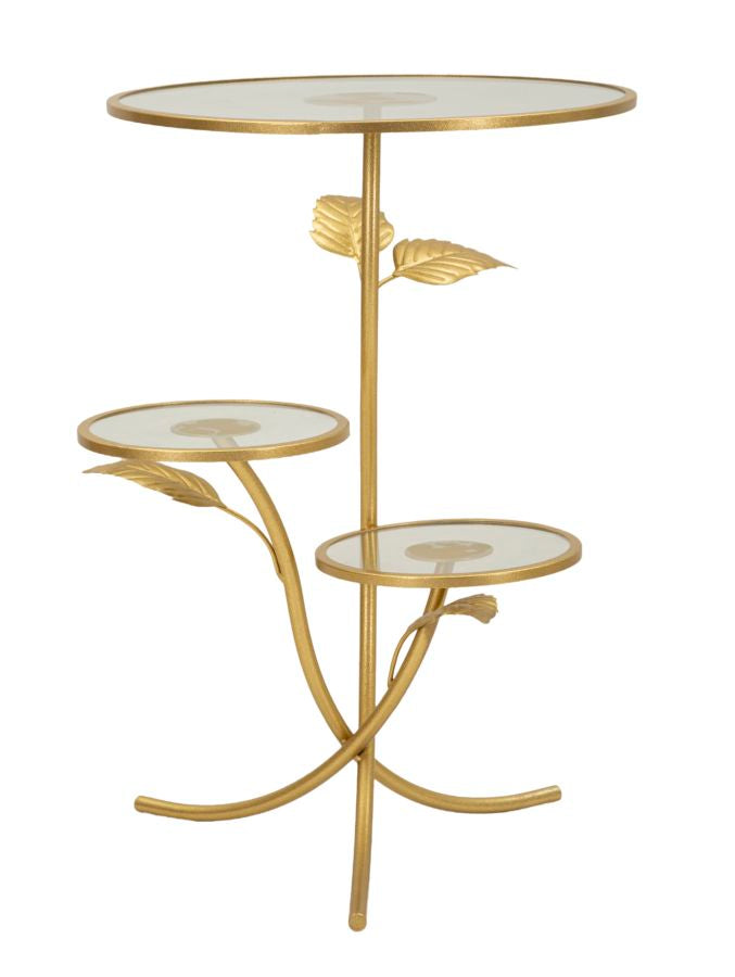 Gold Metall Beistelltisch 3 Ablagen Leaf Dekor