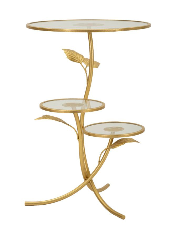 Gold Metall Beistelltisch 3 Ablagen Leaf Dekor