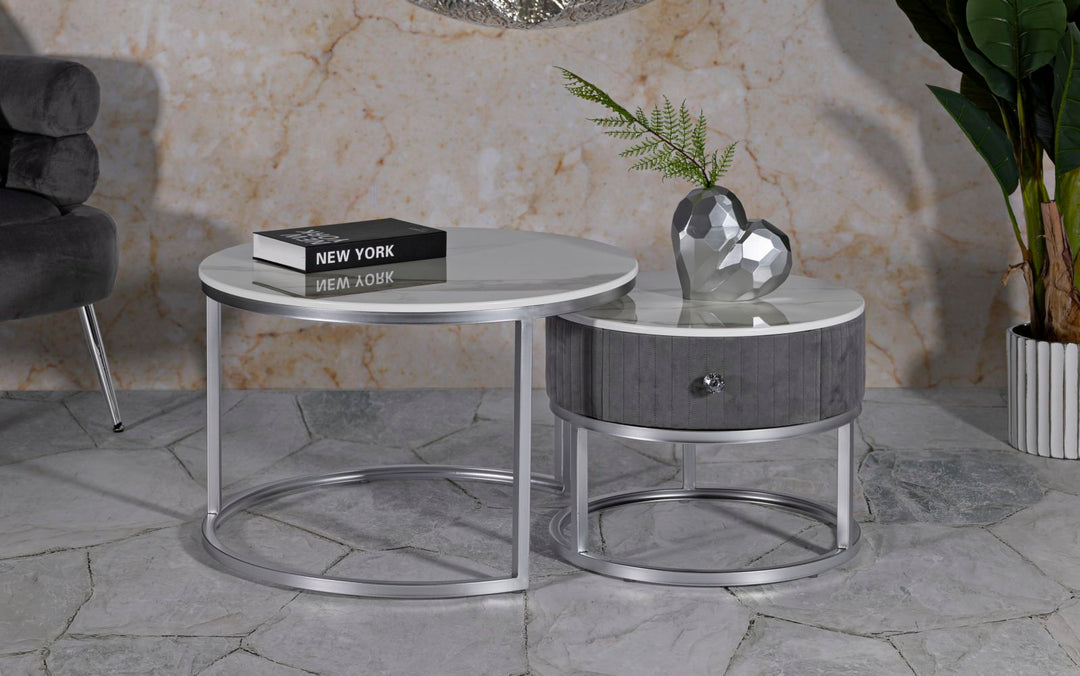 2er Set Runde Couchtische Graue Platten Greys Kollektion (Marmorplatte)