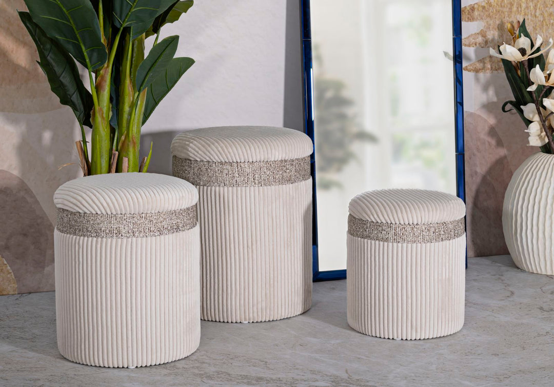 3er Set Creme Polster Aufbewahrungs Poufs Curtain Kollektion