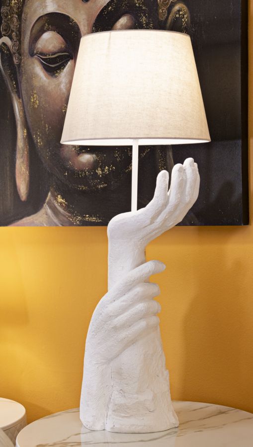Weisse Skulptur Tischlampe Beiger Schirm Life Kollektion
