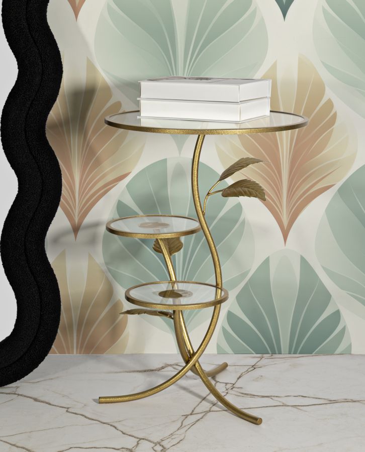 Gold Metall Beistelltisch 3 Ablagen Leaf Dekor