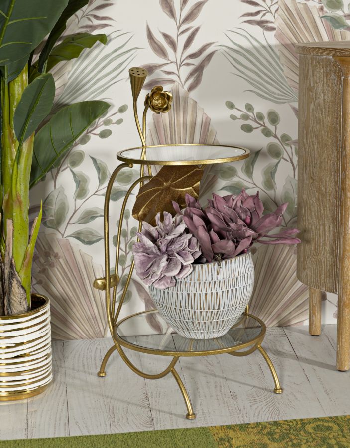 Gold Metall Beistelltisch 2 Ablagen Flowers Dekor