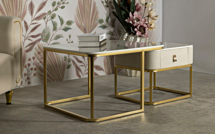 2er Set Kunstmarmor Couchtische Goldbasis Beauty Kollektion