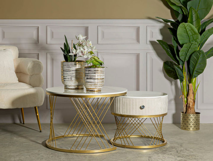 2er Set Kunstmarmor Couchtische Goldrahmen Votix Kollektion