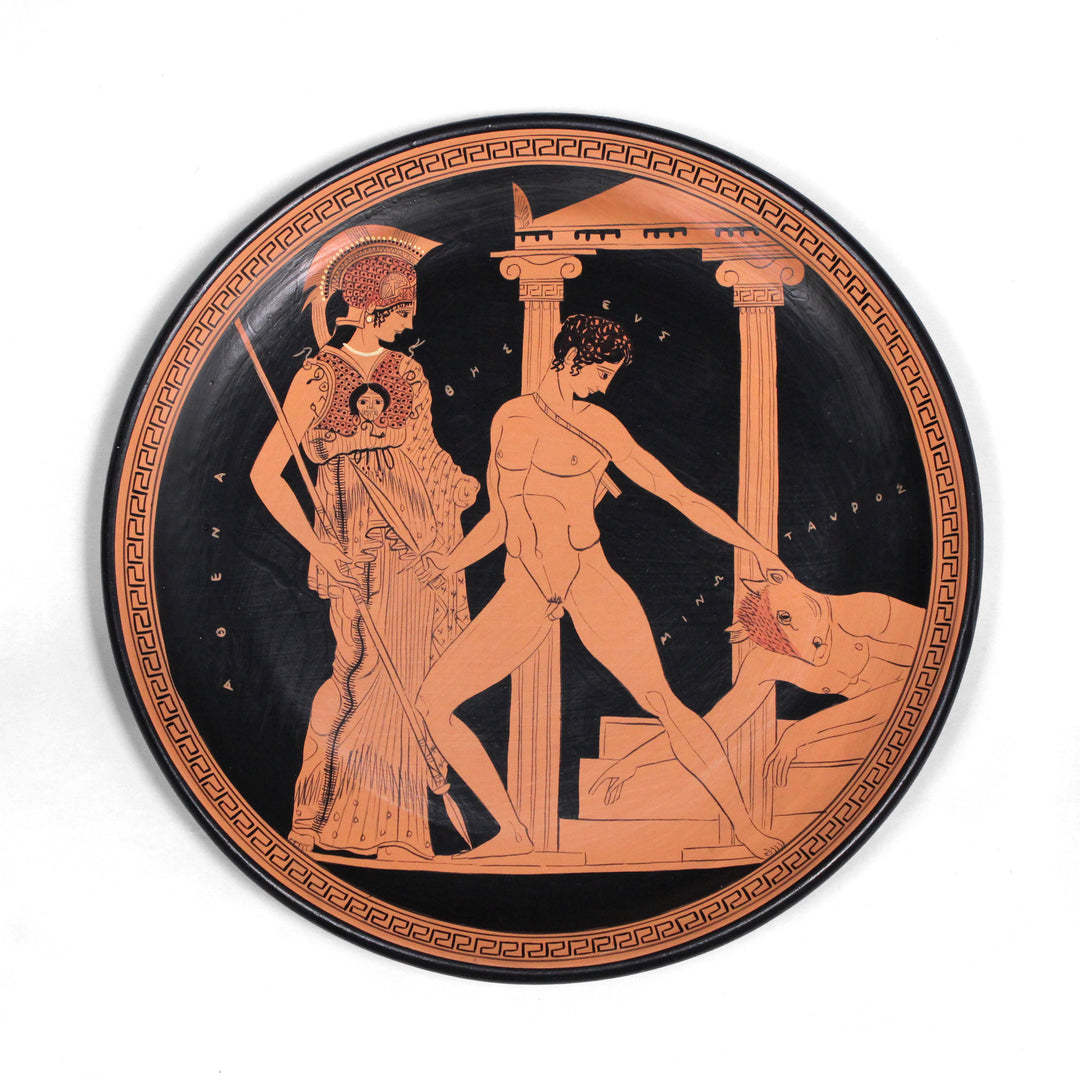 Griechischer rotfiguriger Teller mit Athena und Theseus