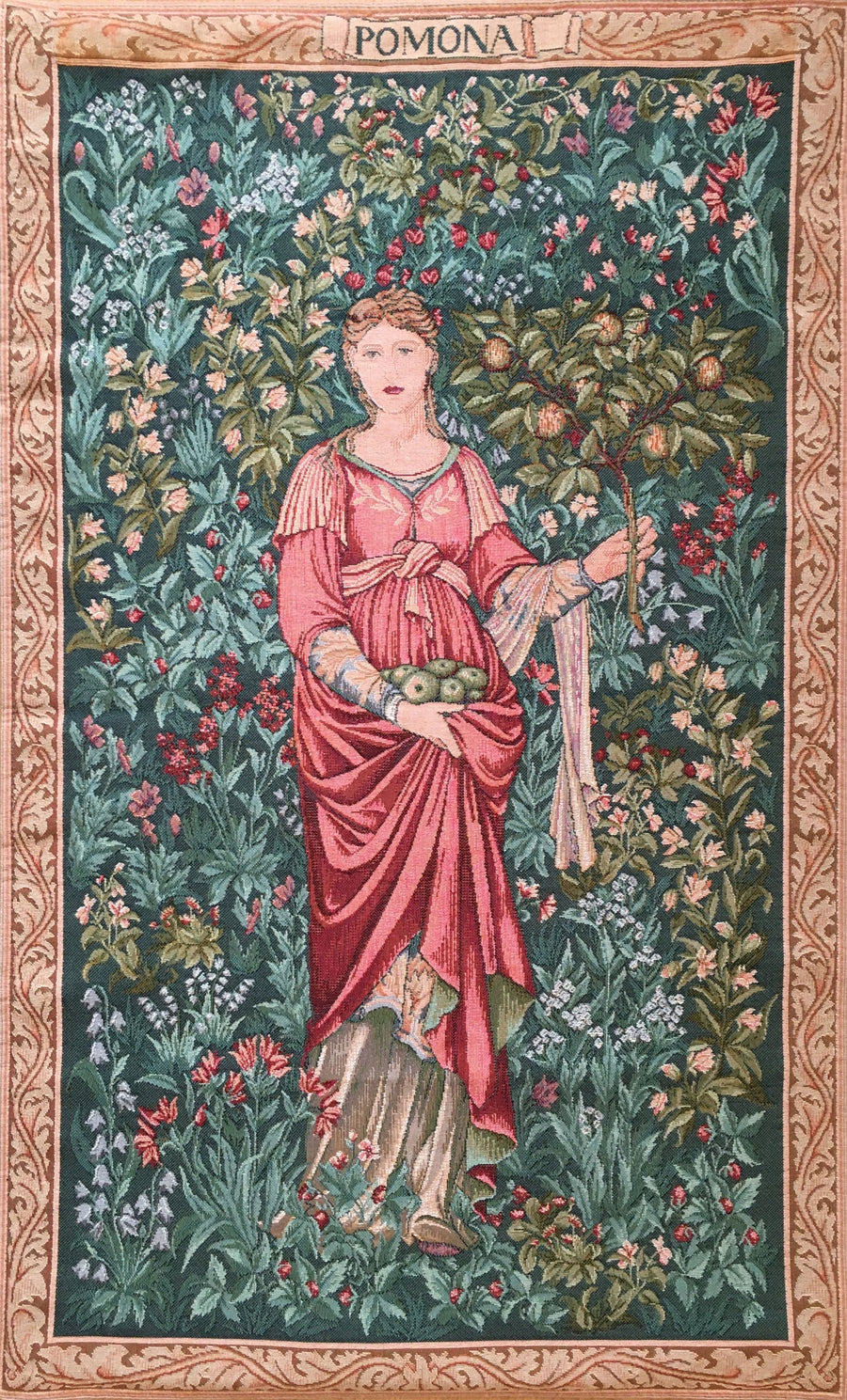 Grüner Gobelin Wandteppich – Pomona, Göttin des Überflusses (Jacquard gewebt)