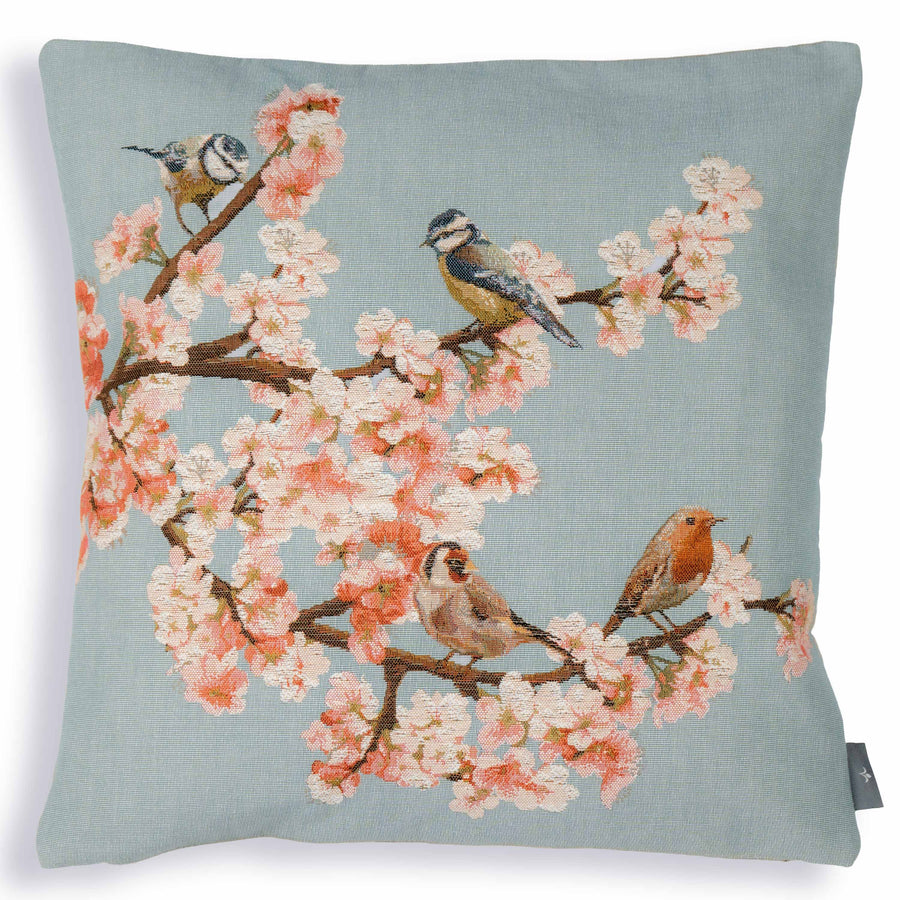 Blauer Kissenbezug mit Vögeln & Kirschblüte (Jacquard gewebt)