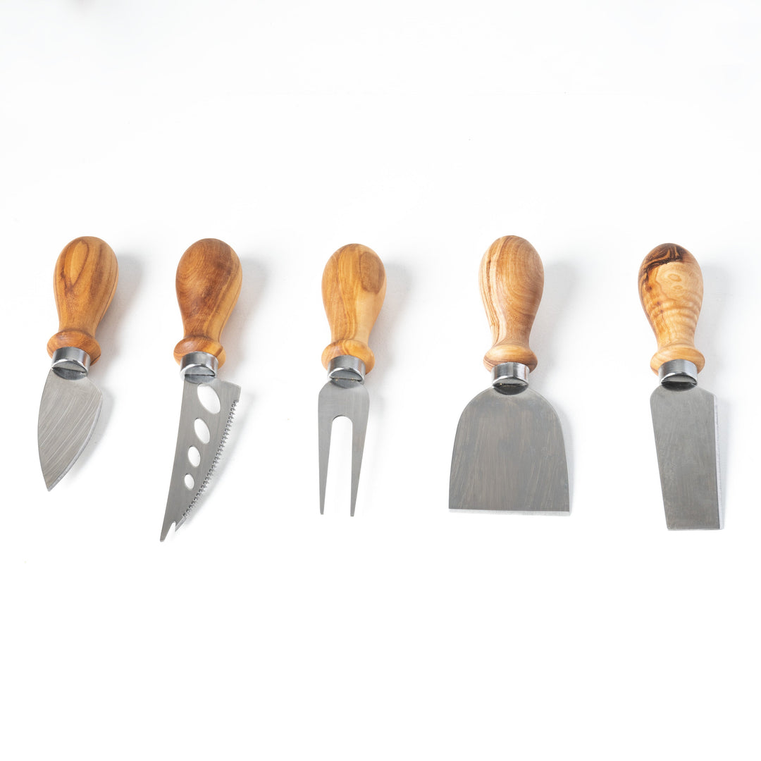 Handgefertigtes Olivenholz- und Metall-Käsemesserset (5-teilig)