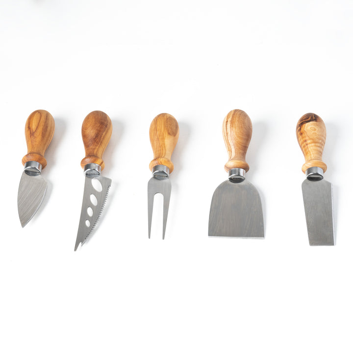 Handgefertigtes Olivenholz- und Metall-Käsemesserset (5-teilig)