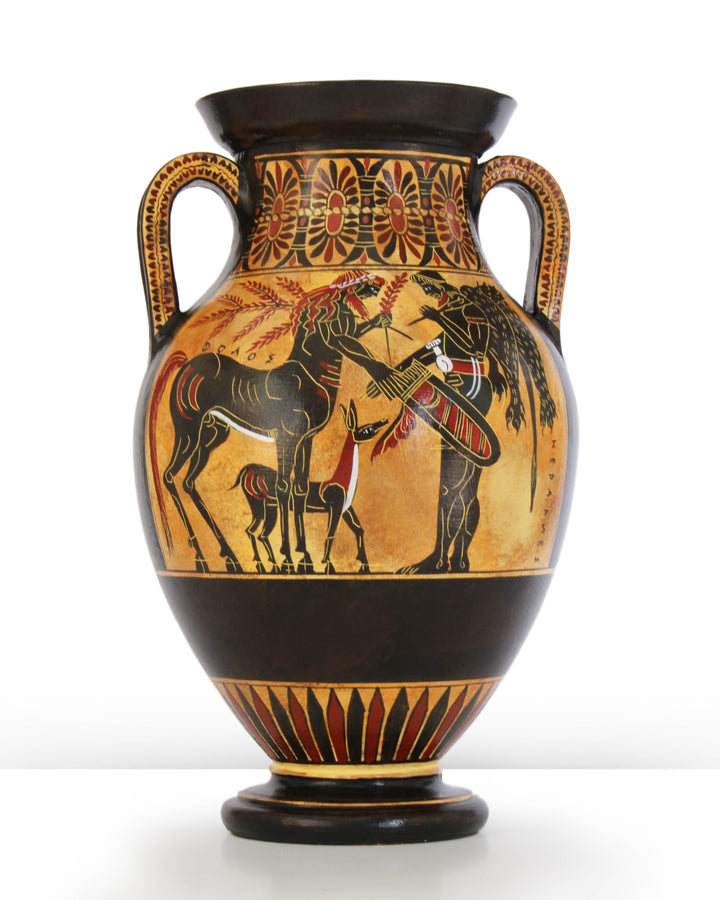 Antike griechische schwarzfigurige Bauchamphore mit Athena und Herakles
