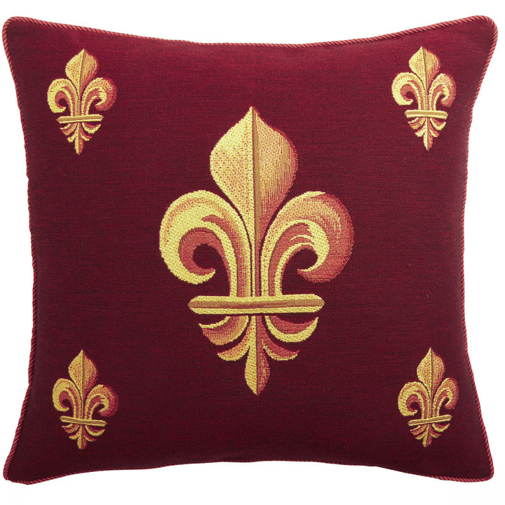 Roter Kissenbezug – Fünf goldene Fleur-de-lis (Jacquard gewebt)
