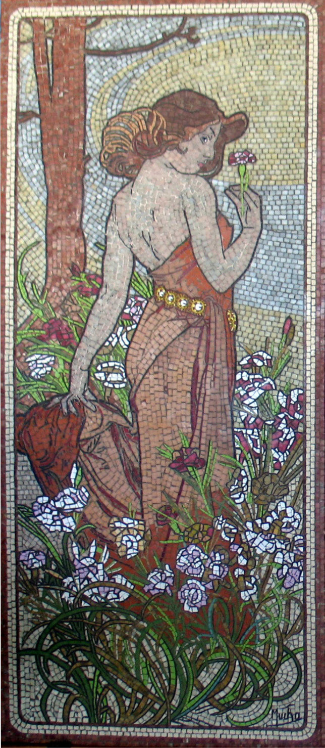 Dame mit Blumen Zeitgenössisches Marmor-Mosaik (Links) Mucha