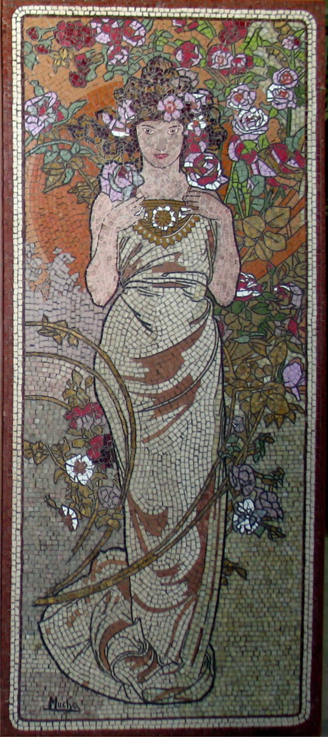 Dame mit Blumen Zeitgenössisches Marmor-Mosaik (Mitte) Mucha