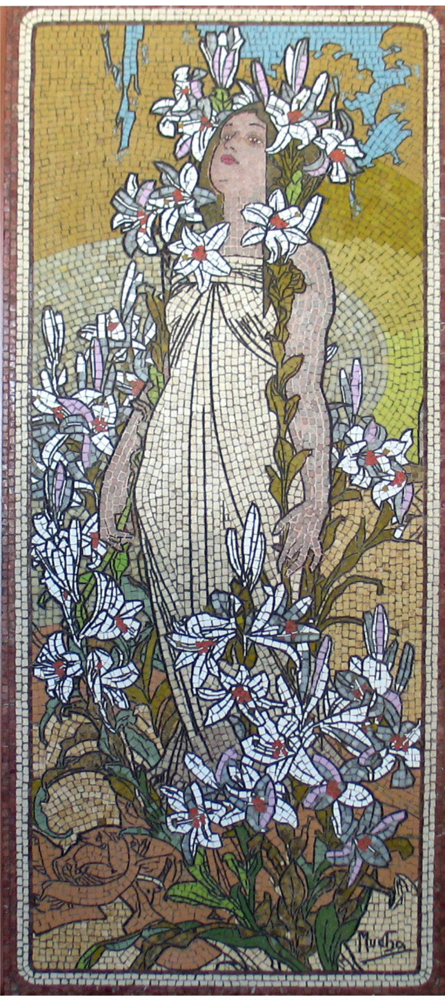 Dame mit Blumen Zeitgenössisches Marmor-Mosaik (Rechts) Mucha