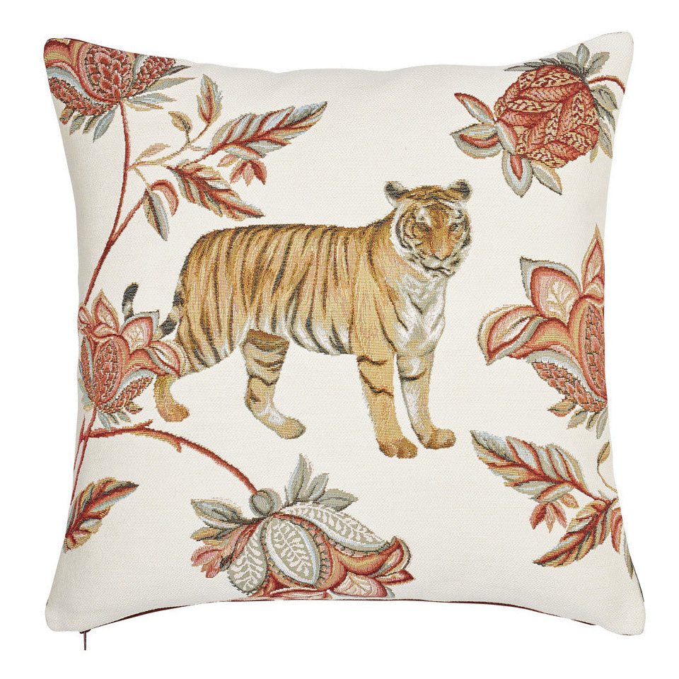 Weißer Kissenbezug – Orientalischer Tiger & Blumen (Jacquard gewebt)