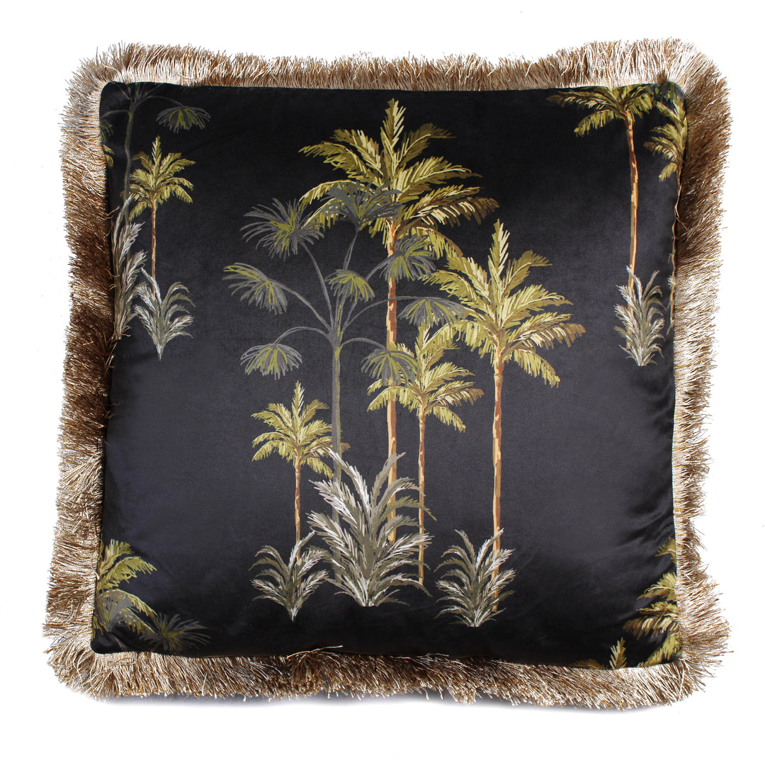 Samtkissen mit Palmenmotiv (Schwarz)