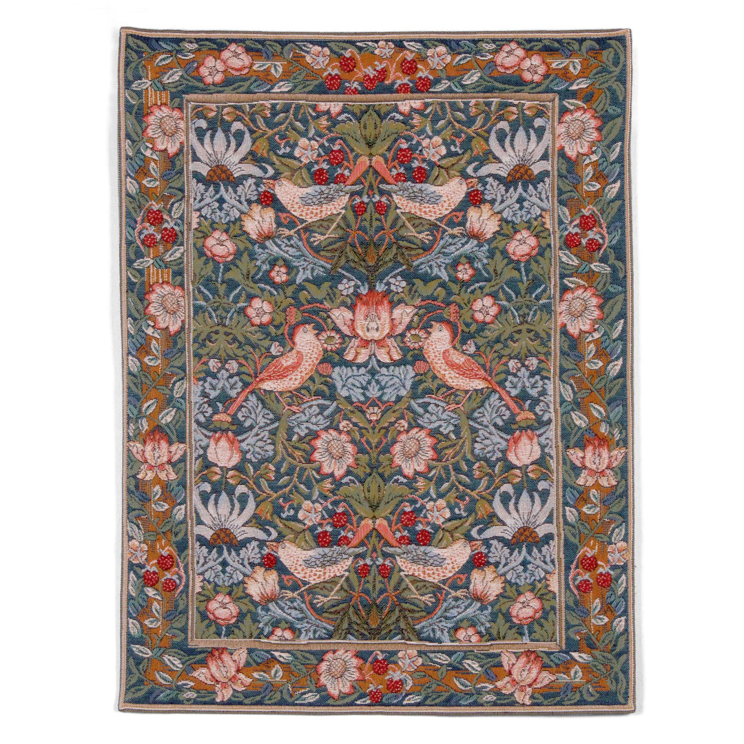 Grüner Gobelin Wandteppich – Vögel essen Erdbeeren (Jacquard gewebt)