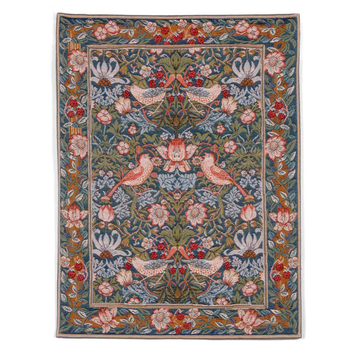 Grüner Gobelin Wandteppich – Vögel essen Erdbeeren (Jacquard gewebt)