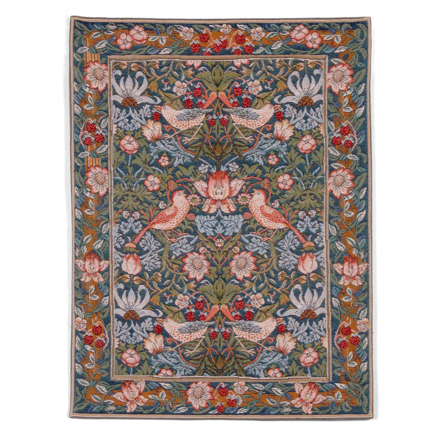 Grüner Gobelin Wandteppich – Vögel essen Erdbeeren (Jacquard gewebt)