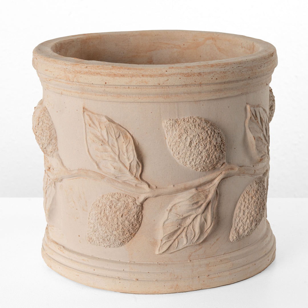 Terrakotta Pflanzkubel mit Zitronenzweig Relief (Zylindrisch)