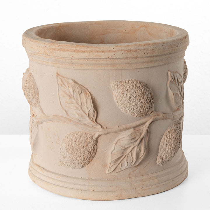 Terrakotta Pflanzkubel mit Zitronenzweig Relief (Zylindrisch)