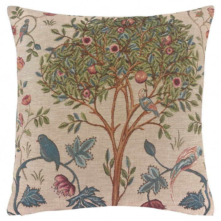 Beiger Kissenbezug – Baum mit Vögeln (Jacquard gewebt)