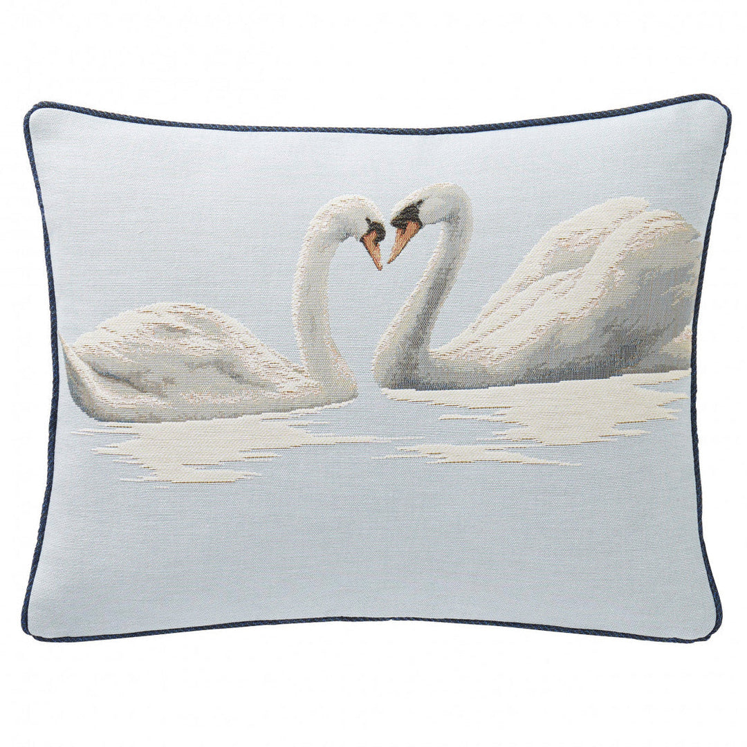 Himmelblauer Kissenbezug – Zwei Schwäne auf dem See (Jacquard gewebt)