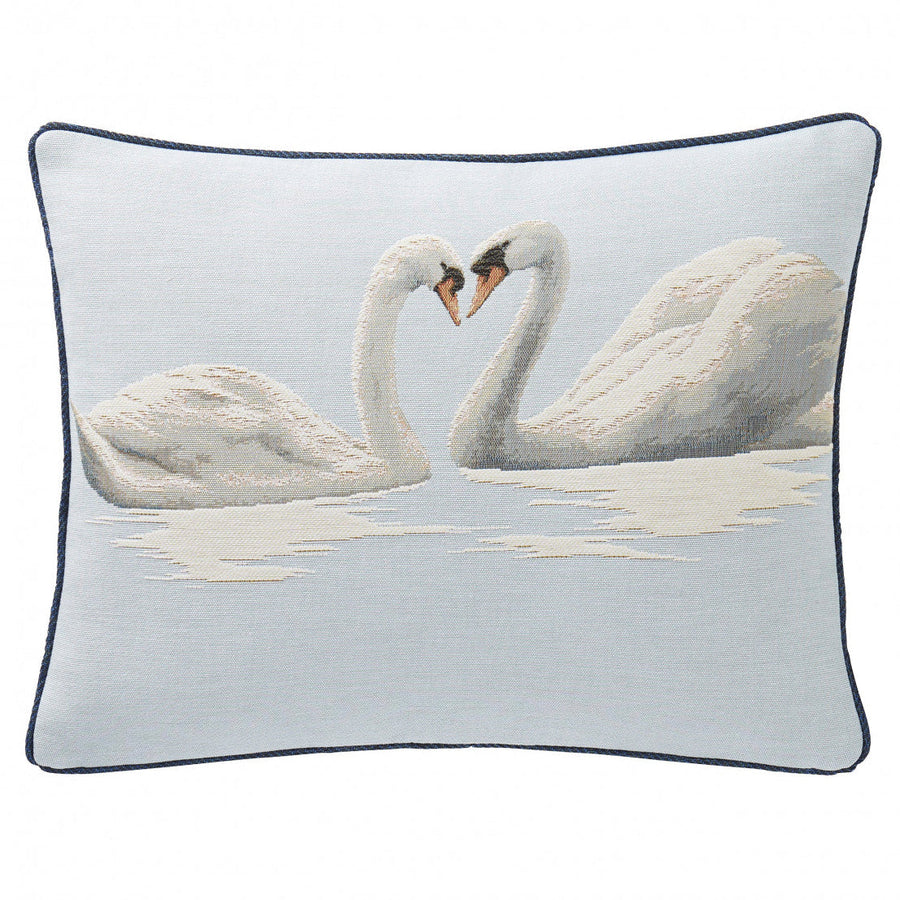 Himmelblauer Kissenbezug – Zwei Schwäne auf dem See (Jacquard gewebt)