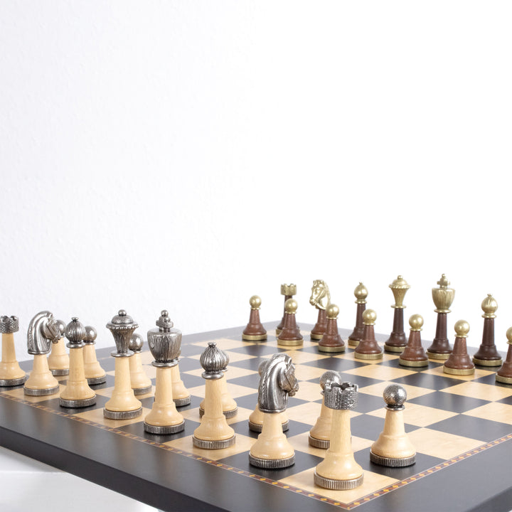 Italfama Klassisches Schachset aus Metall mit Queen’s Gambit Holzbrett