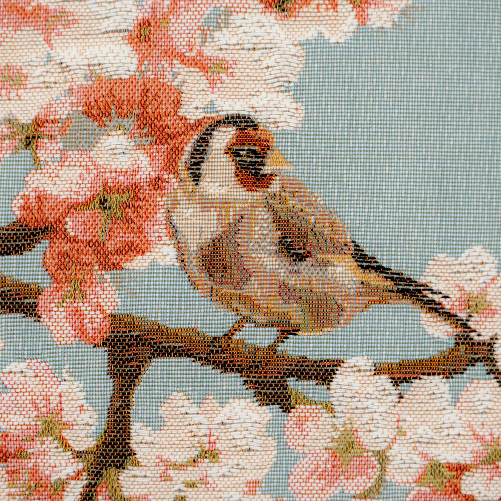 Blauer Kissenbezug mit Vögeln & Kirschblüte (Jacquard gewebt)
