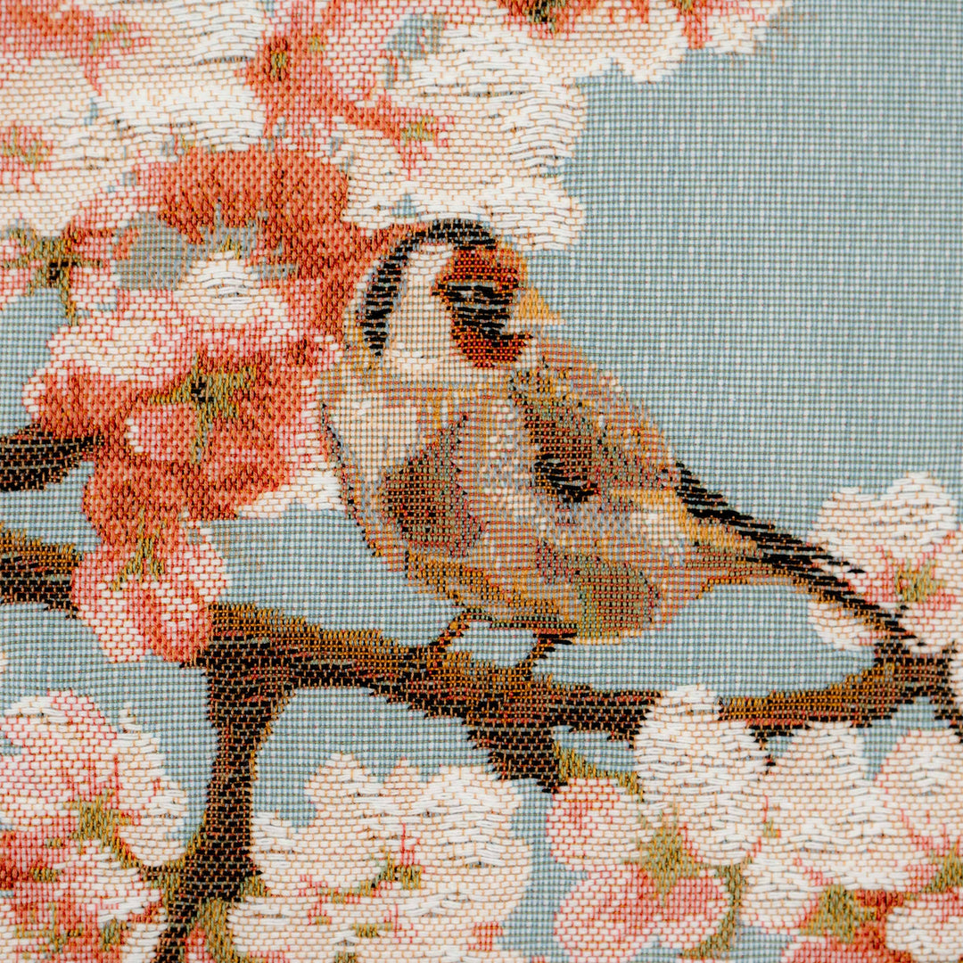 Blauer Kissenbezug mit Vögeln & Kirschblüte (Jacquard gewebt)