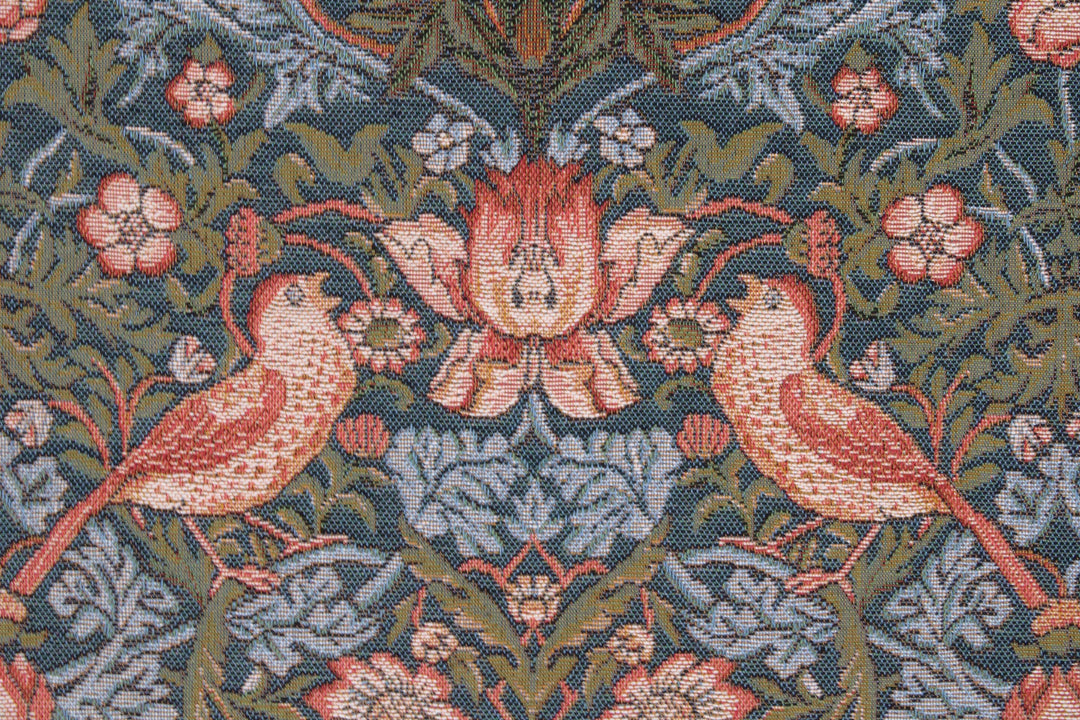 Grüner Gobelin Wandteppich – Vögel essen Erdbeeren (Jacquard gewebt)
