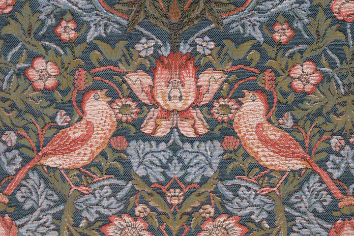 Grüner Gobelin Wandteppich – Vögel essen Erdbeeren (Jacquard gewebt)