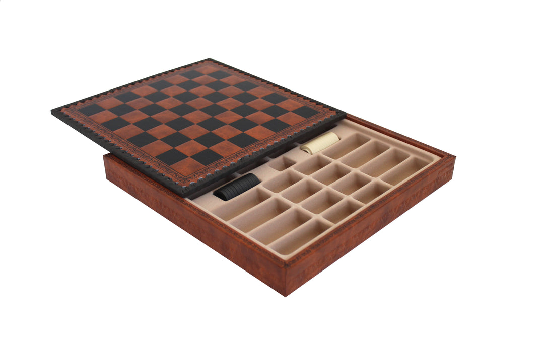 Schachbrett aus Kunstleder mit Damespiel