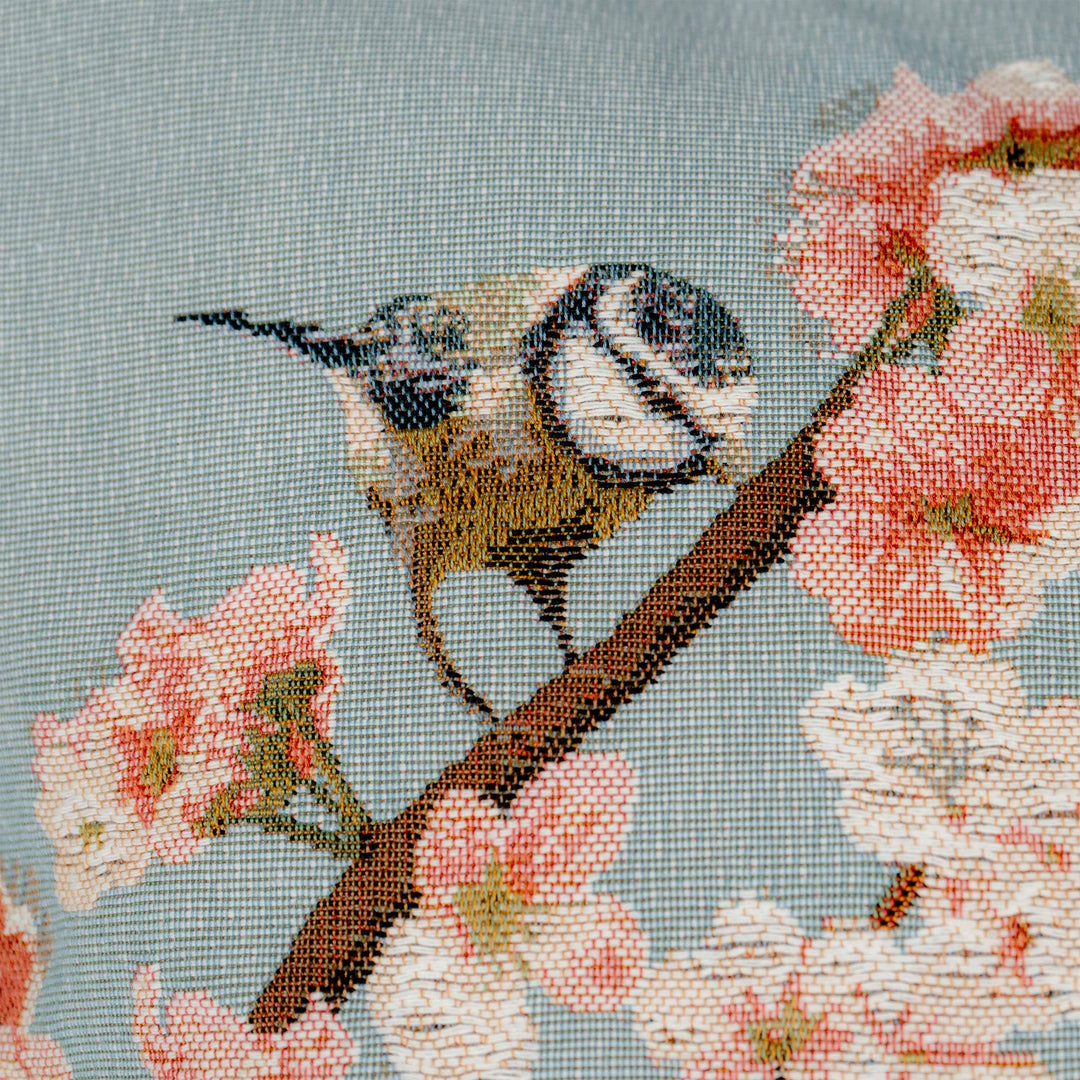 Blauer Kissenbezug mit Vögeln & Kirschblüte (Jacquard gewebt)